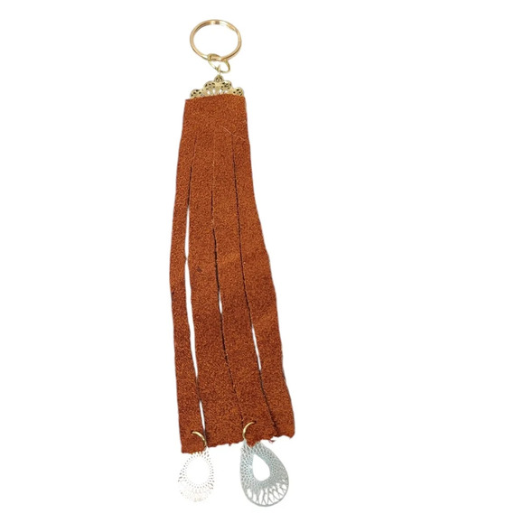 14k Gold Plated Flower Filigree Brown Suede Keychain/ Bookmark - Picture 2 of 2